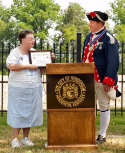 Pres. Gang Presenting the 2nd Gen. Jacob Brown award to Mary Alice Springer, Registrar of the Gen. Samuel Hopkins Chapter of the DAR, at the Major General Samuel Hopkins Grave Dedication held on May 19th, 2012 at the Spring Garden Cemetery in Henderson Kentucky.